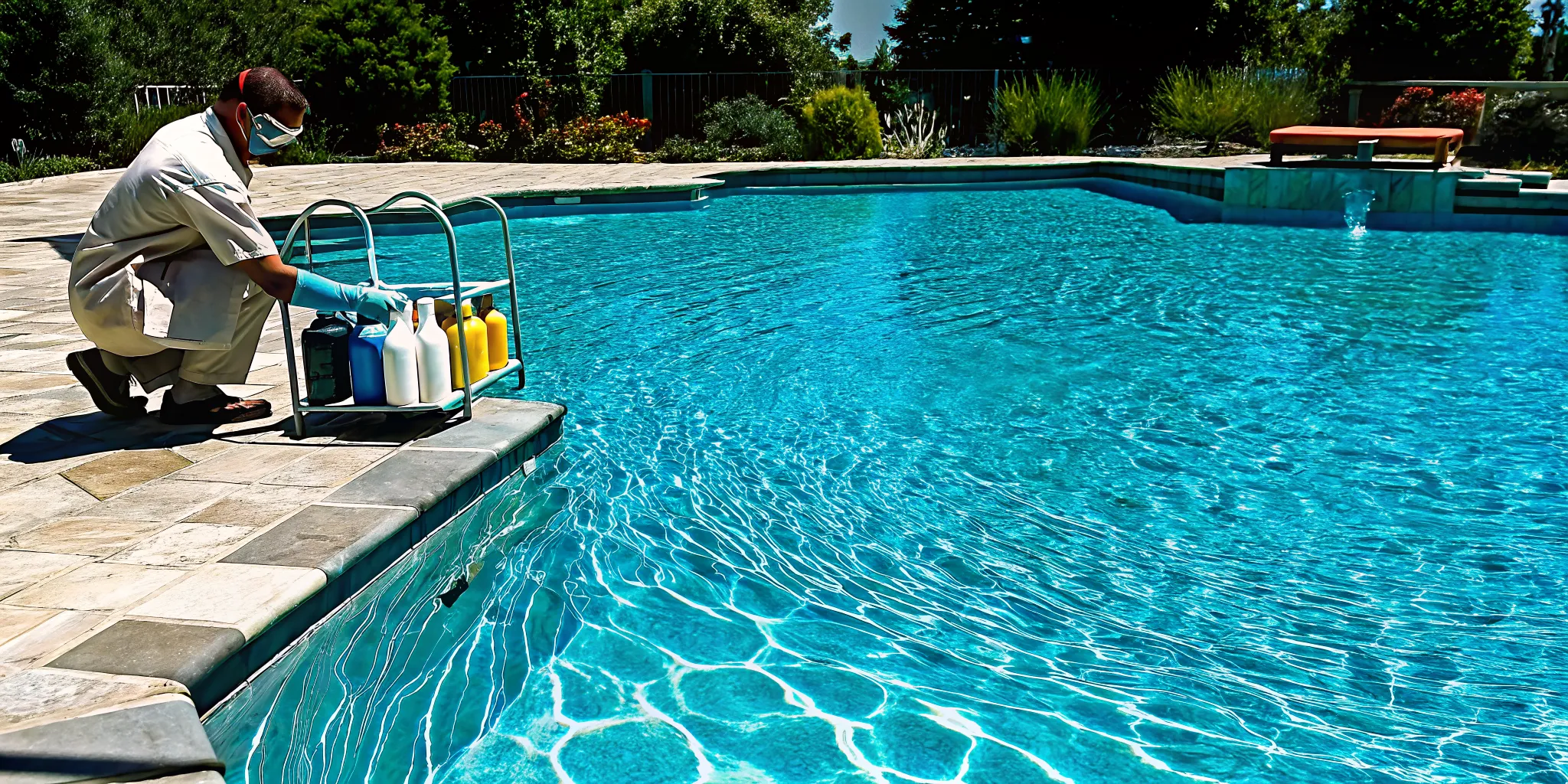 Pool chemical delivery professional placing containers beside a swimming pool.