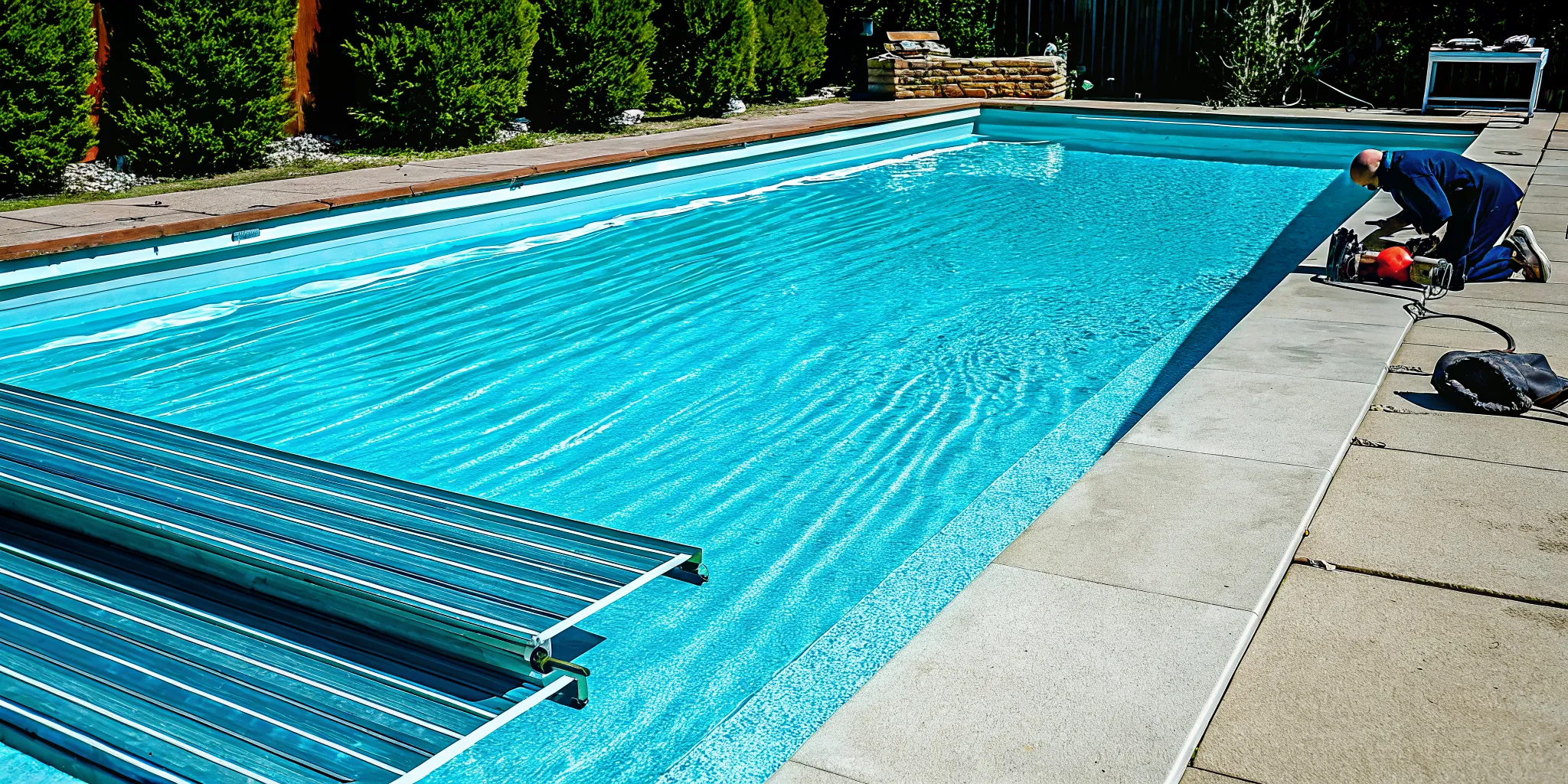 Pool heater replacement in progress next to a backyard swimming pool.