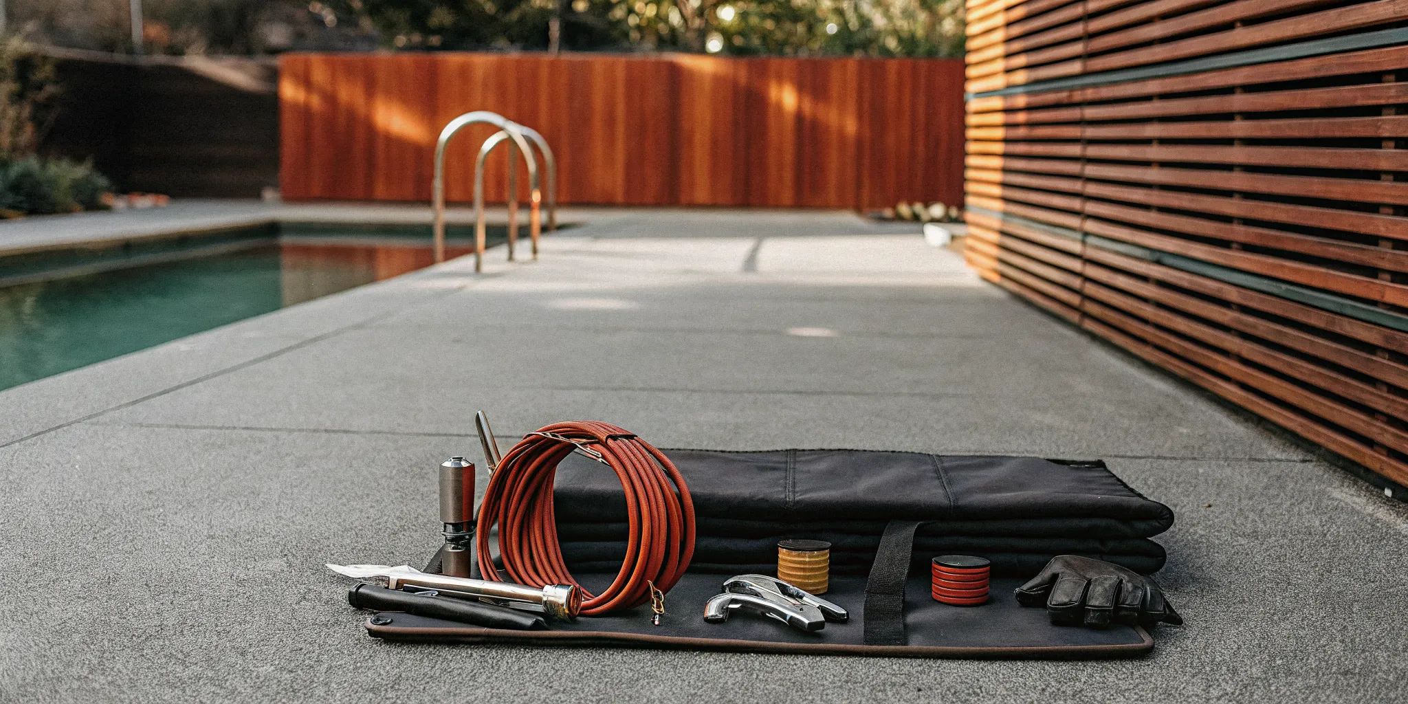 Pool winterizing supplies and equipment arranged next to an inground pool.
