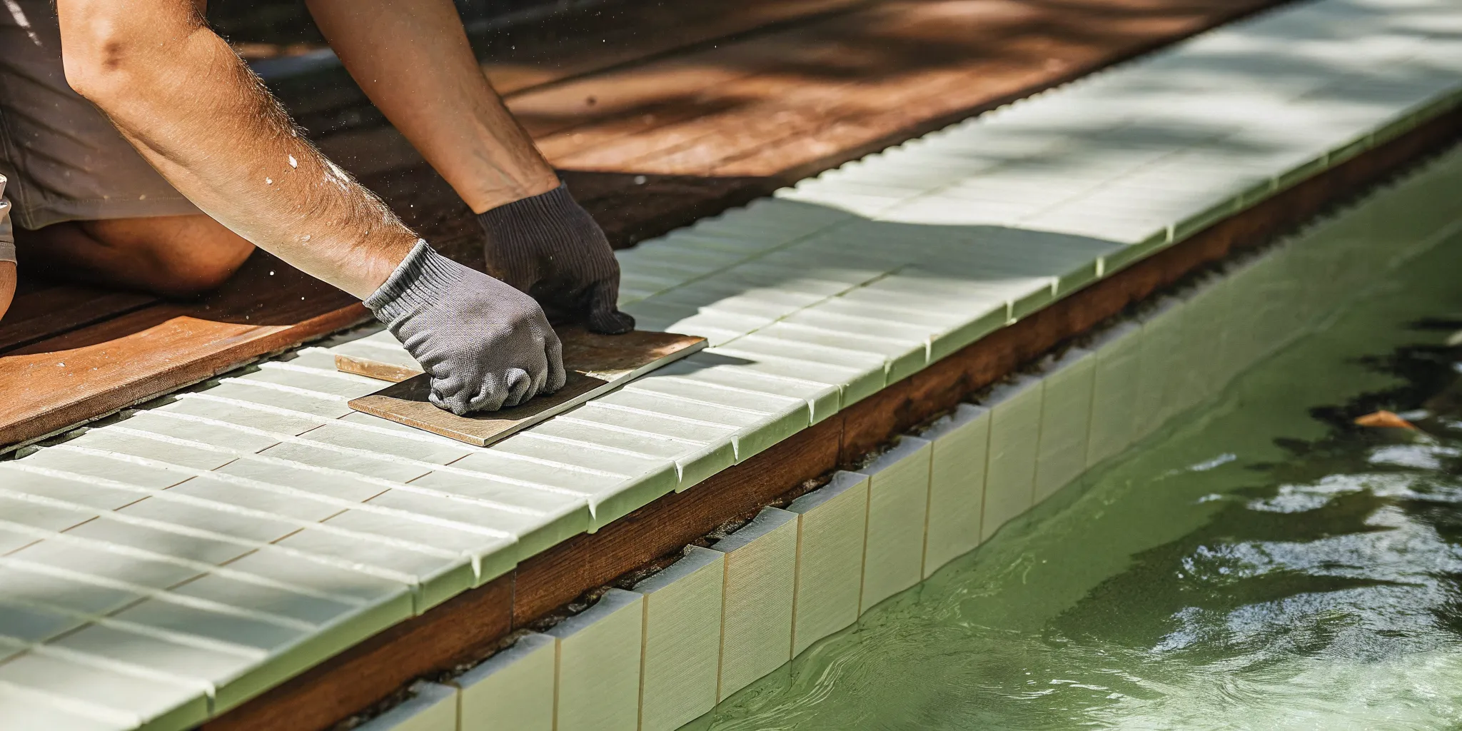 Professional pool tile installation with perfectly aligned tiles and expert grouting.