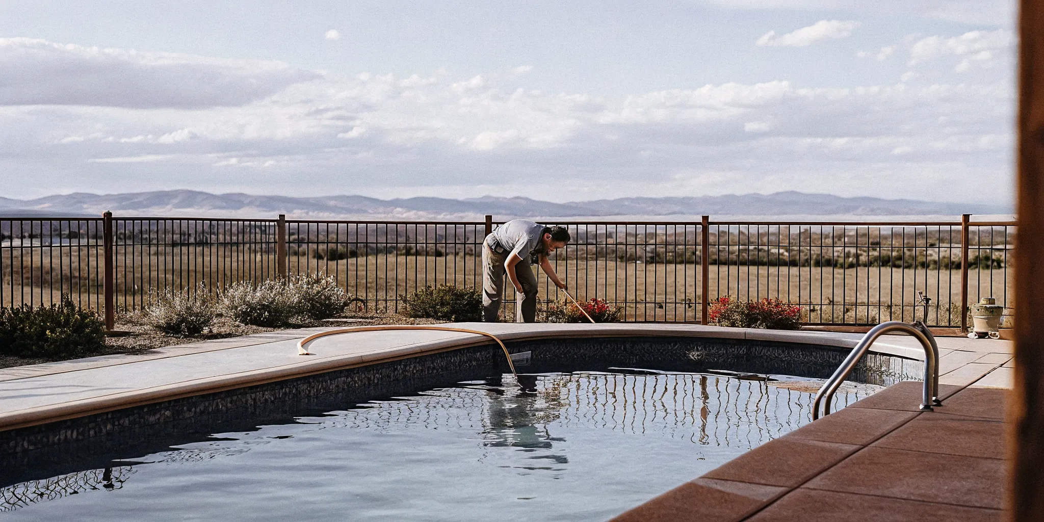 Pool technician testing water during Colorado pool and spa maintenance