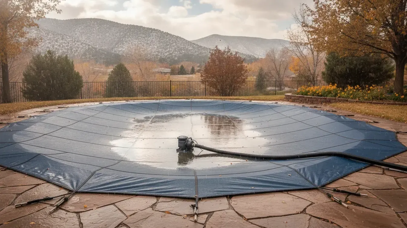 Pool cover pump removing rainwater from a covered Denver area pool