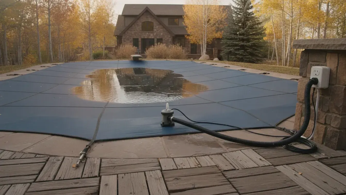 Submersible pool cover pump and discharge hose on a covered pool