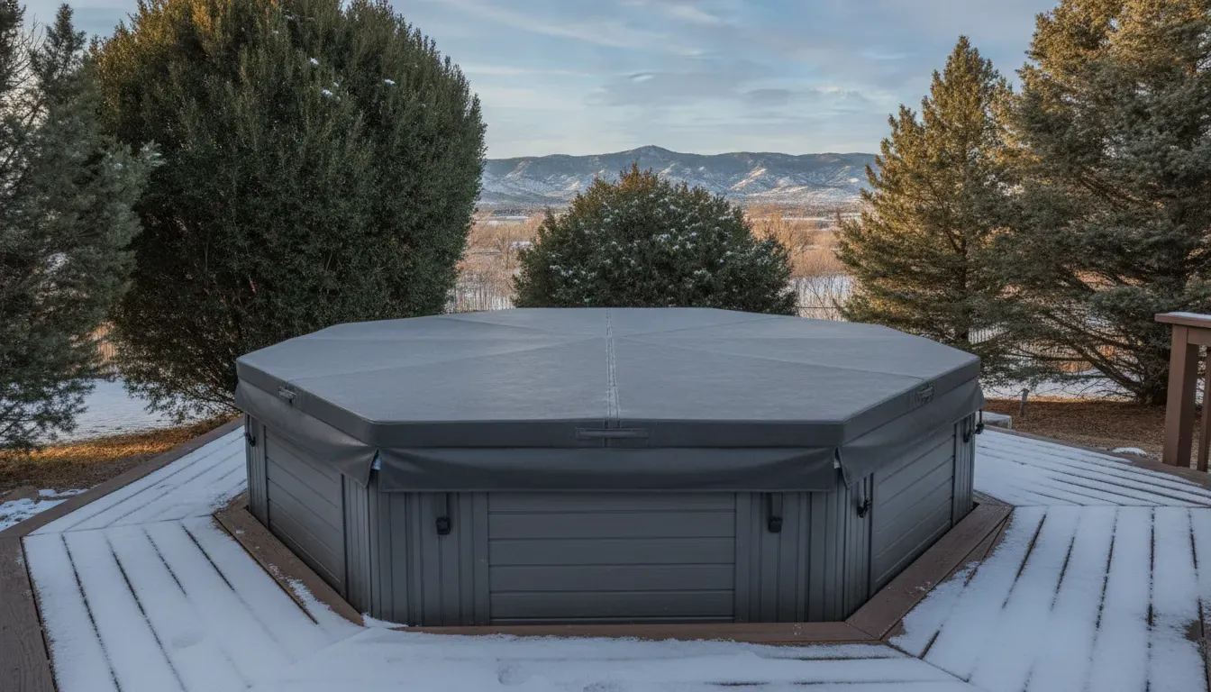 Insulated hot tub cover fitted on a snowy Colorado backyard spa