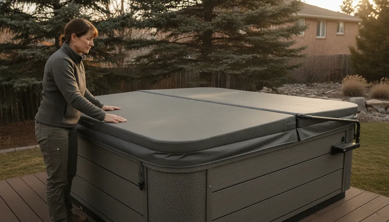 Homeowner checking the fit of an insulated hot tub cover and lifter in a Colorado backyard