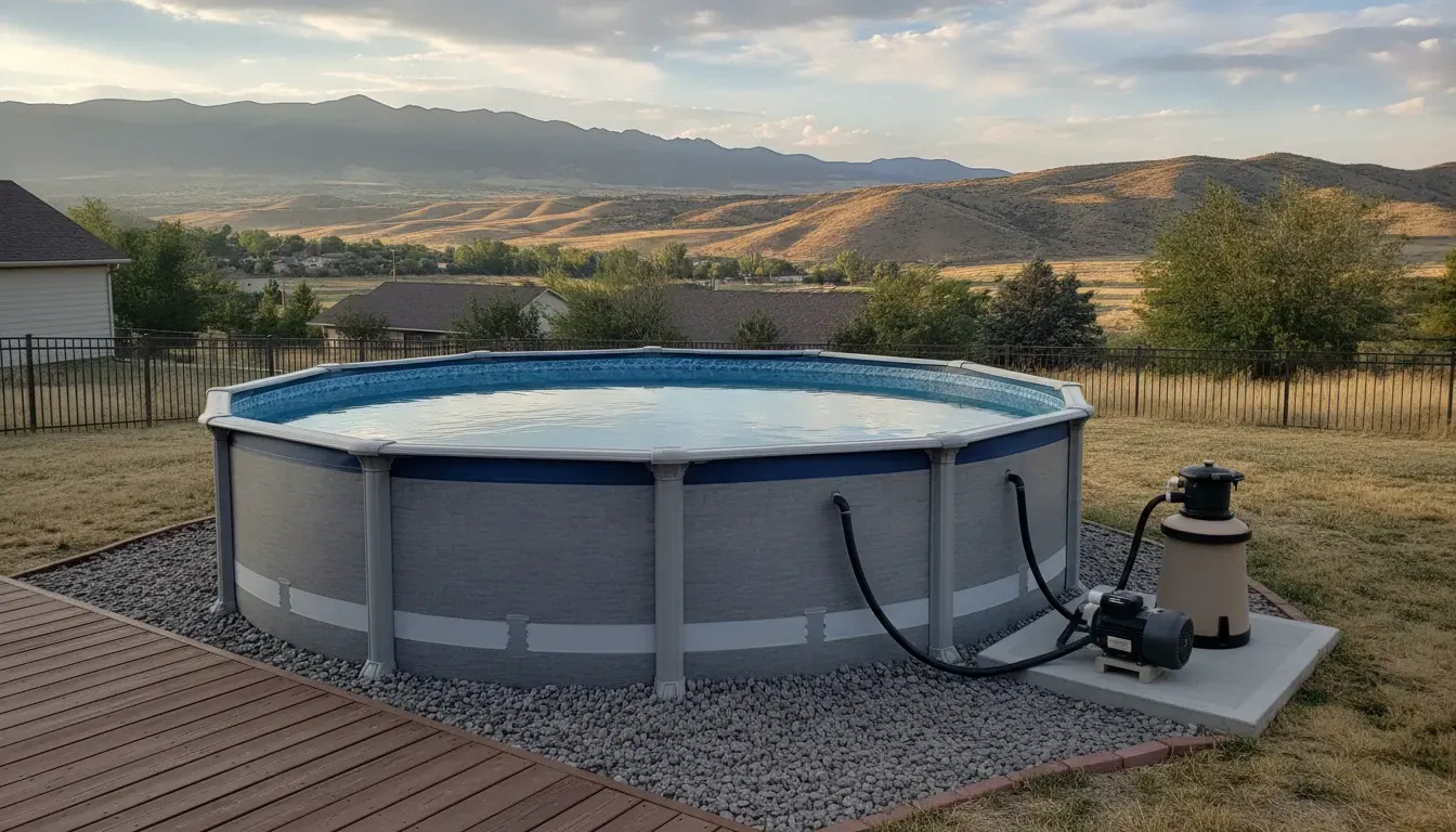 Above ground pool pump and cartridge filter beside a Colorado backyard pool