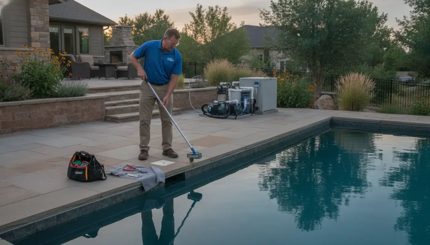 Pool technician inspecting an underwater pool light on a Denver pool deck