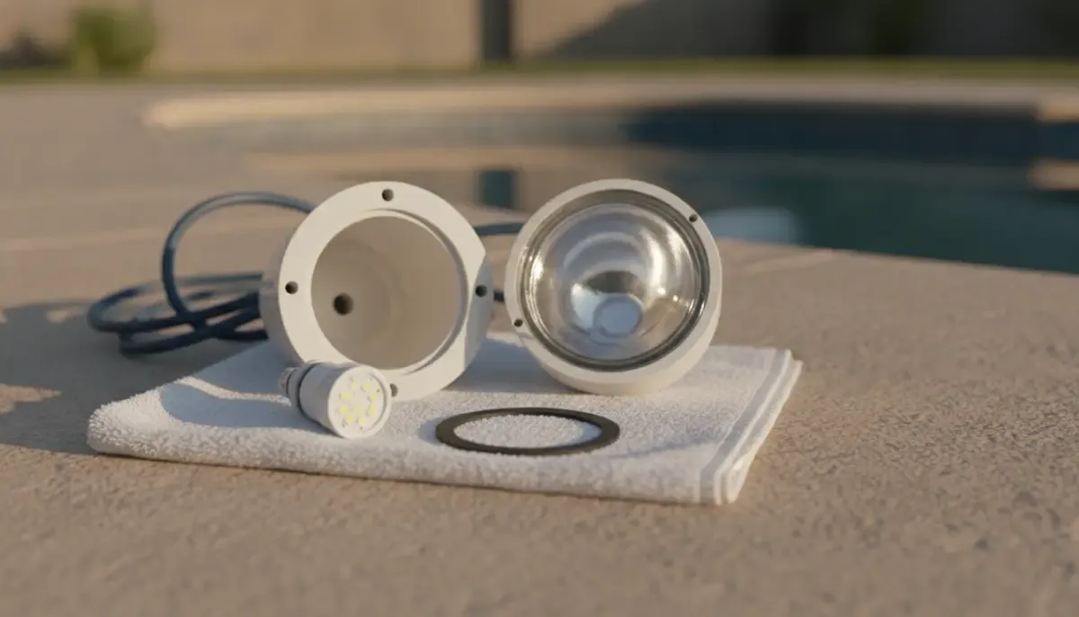 Sealed pool light housing, replacement gasket, and compatible LED bulb on a dry pool deck