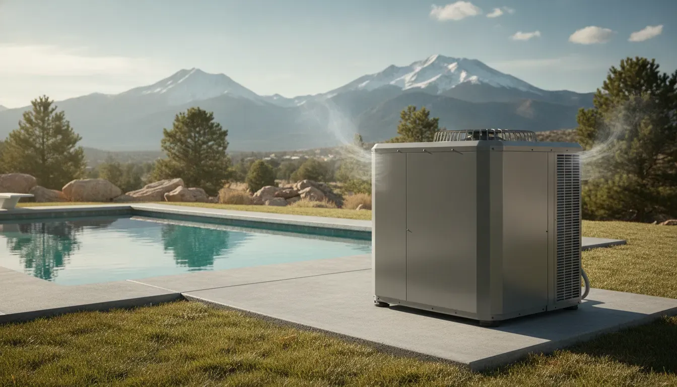 Pool heat pump on an outdoor equipment pad beside a Colorado pool