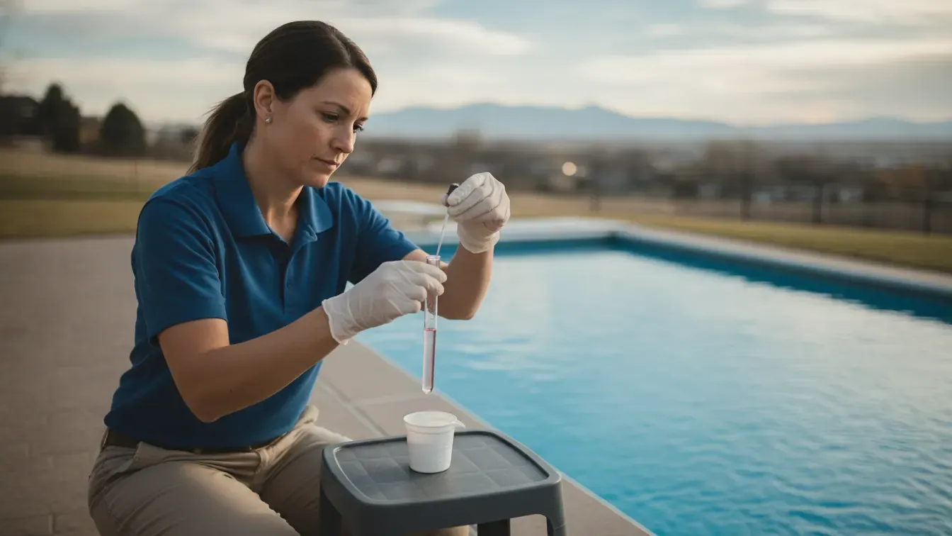 Pool chemical calculator guidance with a technician testing pool water in Denver
