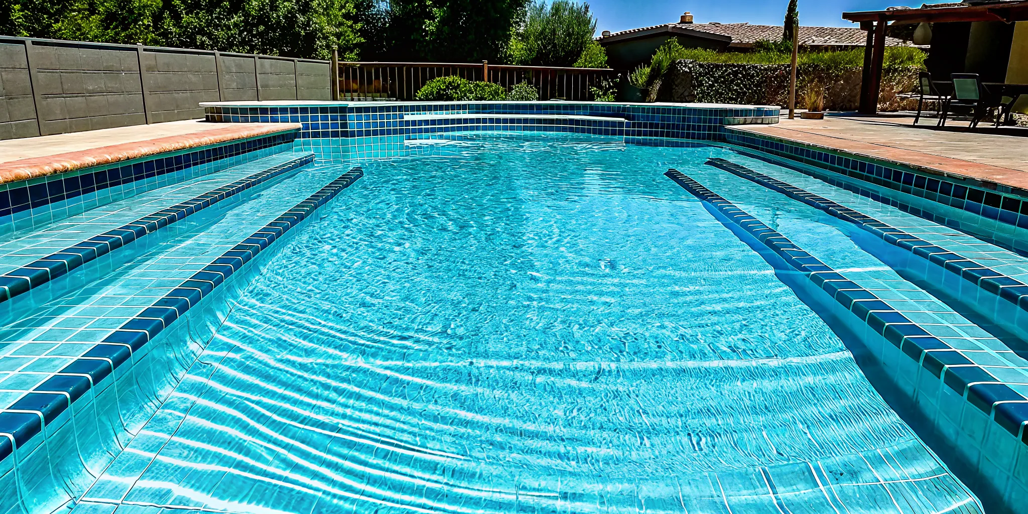 A clean swimming pool with new blue tiles after a successful tile replacement.