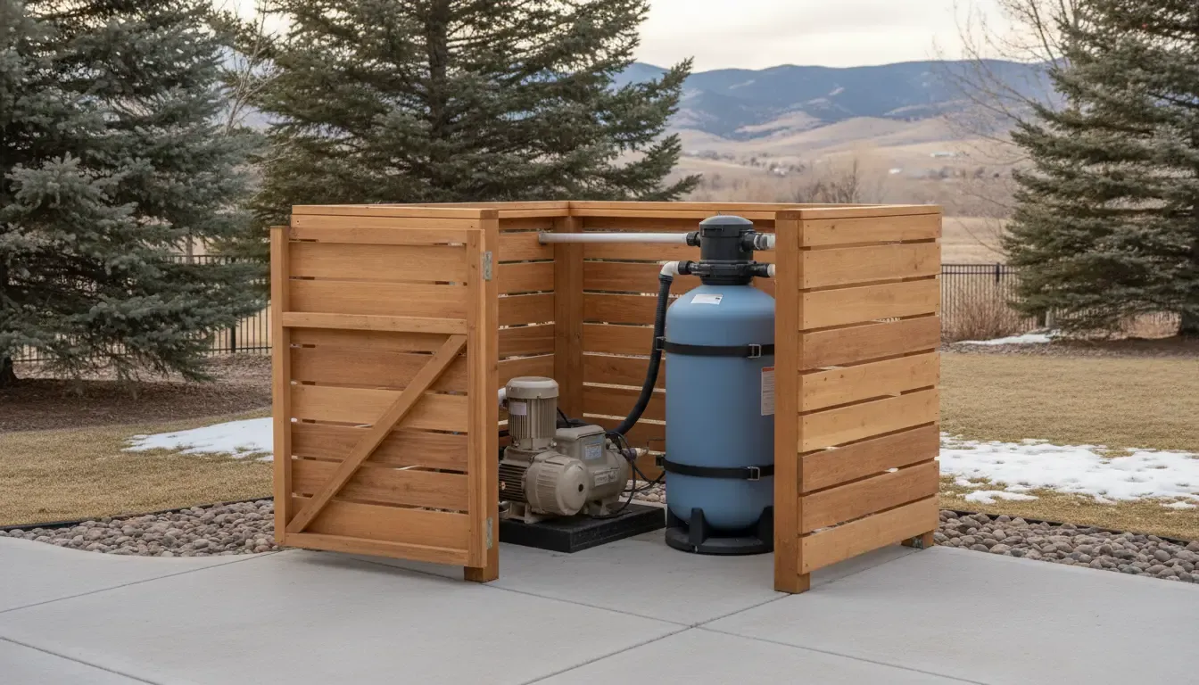 Pool equipment enclosure with ventilated wood panels around a pump and filter in a Denver backyard
