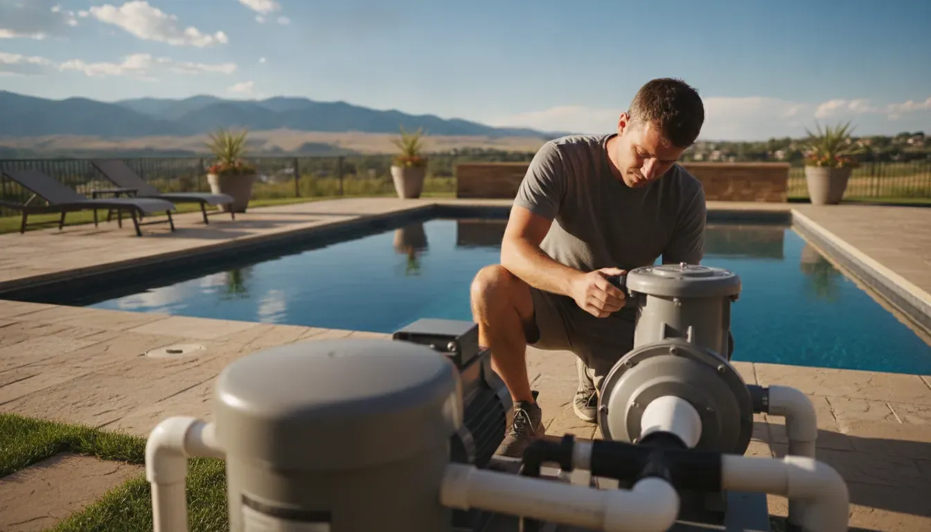Denver pool with a technician checking circulation equipment