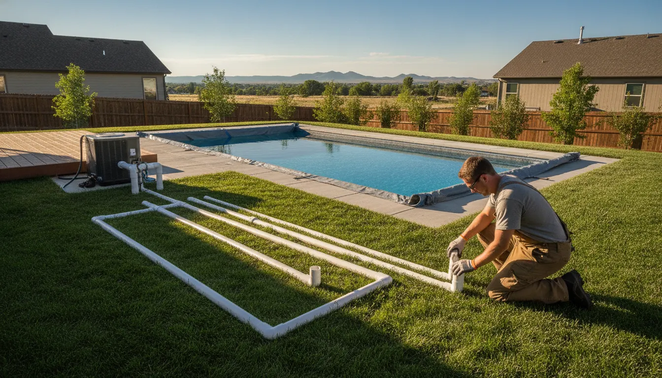 Pool plumbing installation planning beside a Denver area swimming pool