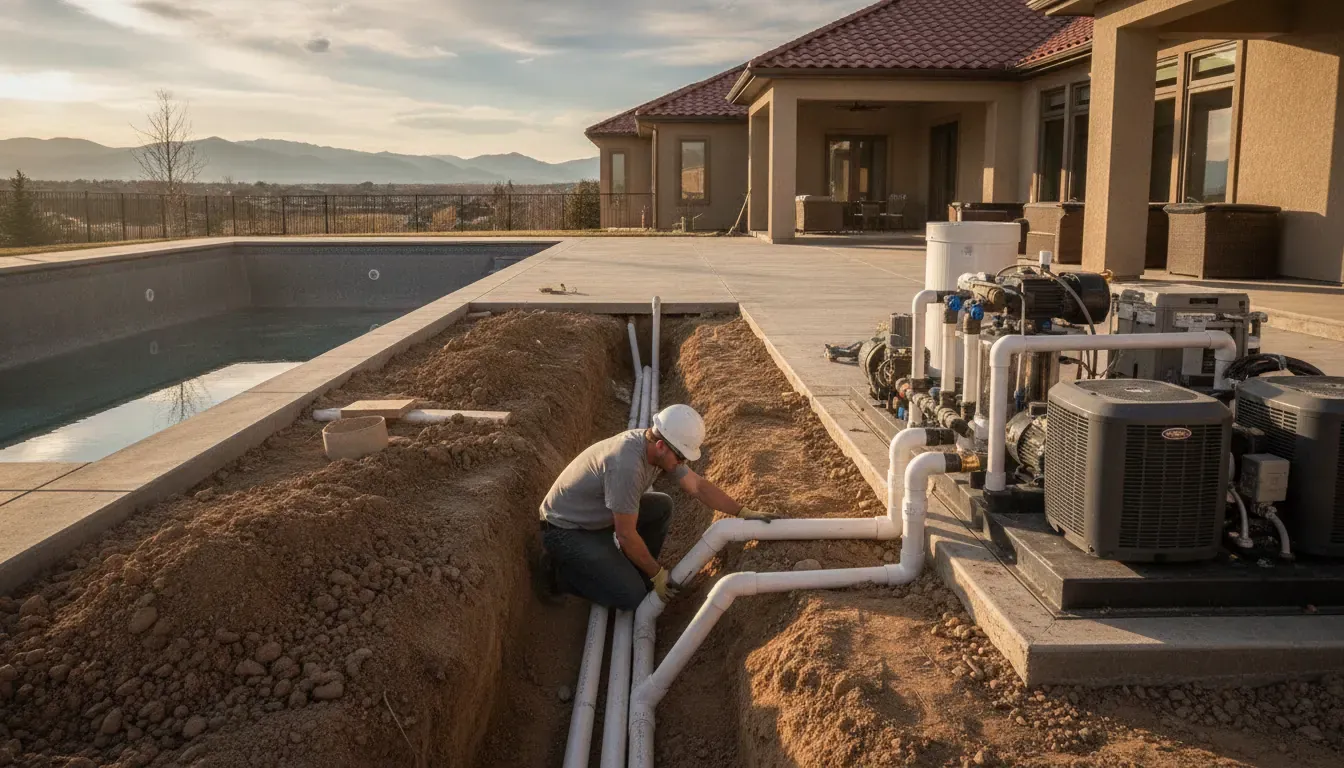 Accessible pool plumbing installation route beside Denver pool equipment