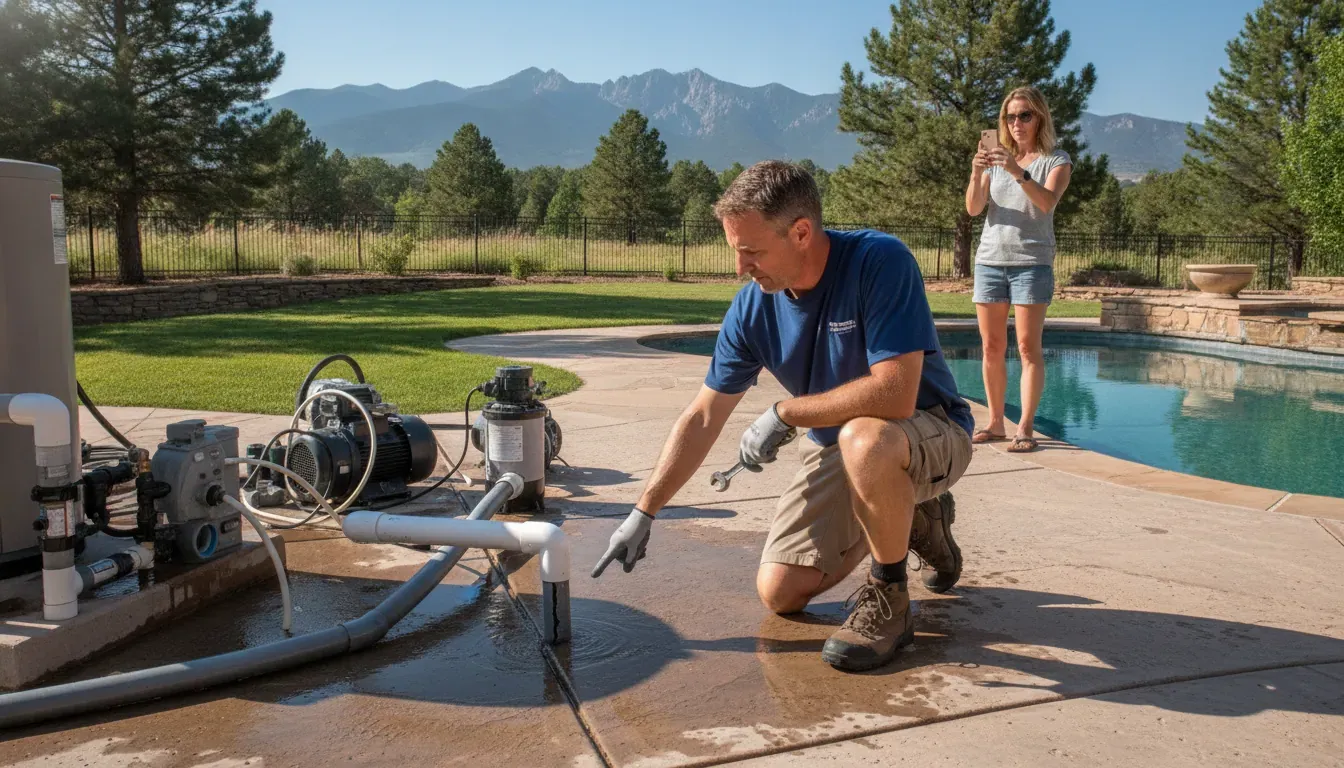 Pool technician inspecting a plumbing leak beside an outdoor pool equipment pad