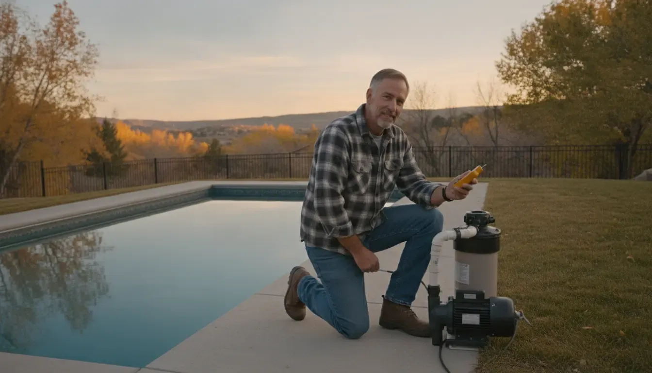 Denver-area homeowner checking an outdoor swimming pool before a short trip