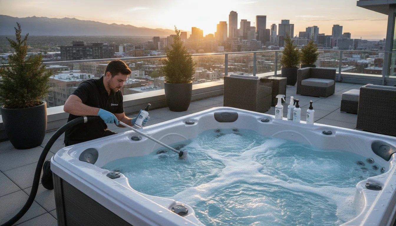 Denver hot tub biofilm removal service with a technician cleaning a rooftop spa.