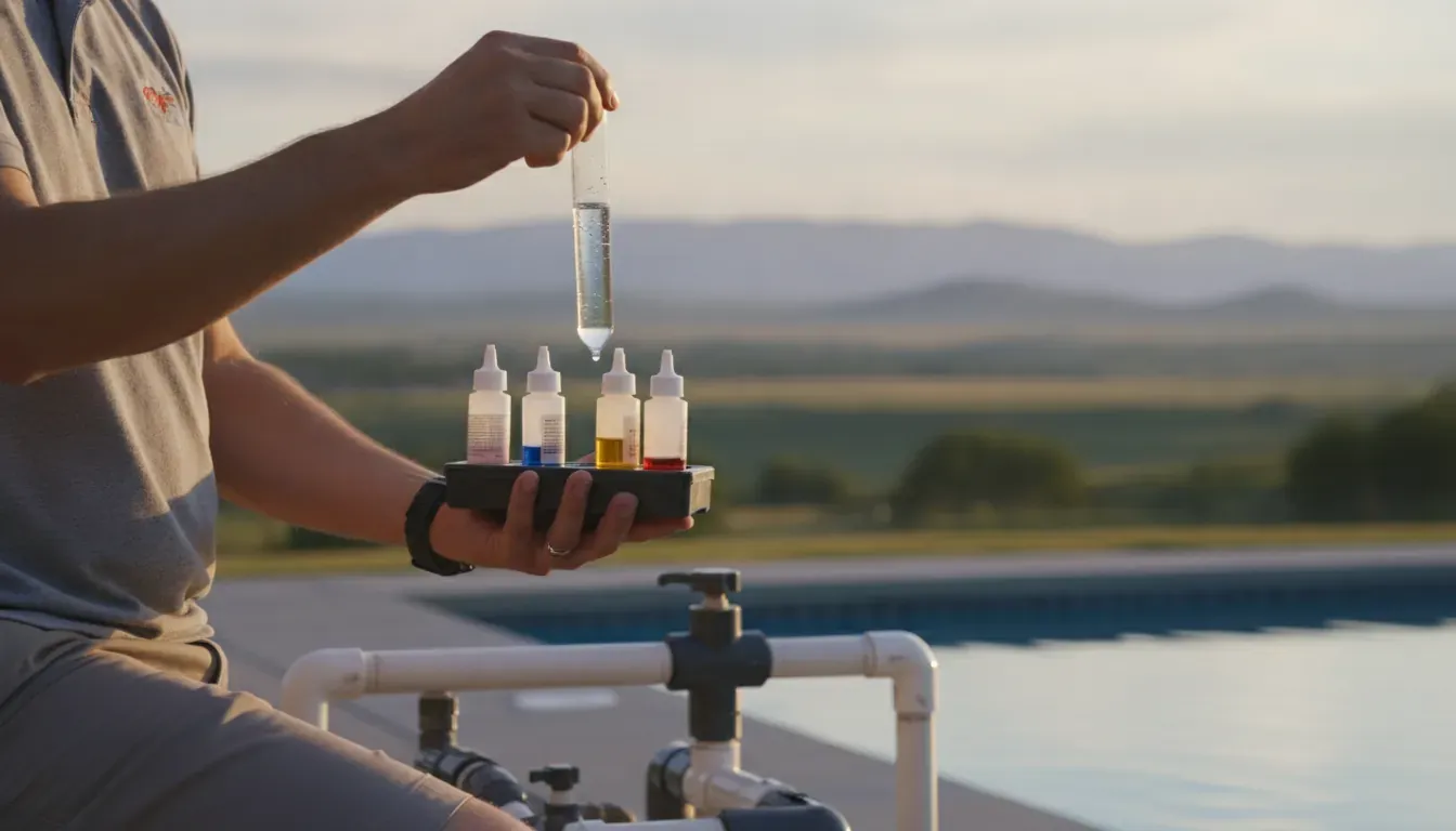 Colorado pool technician testing water beside a residential swimming pool