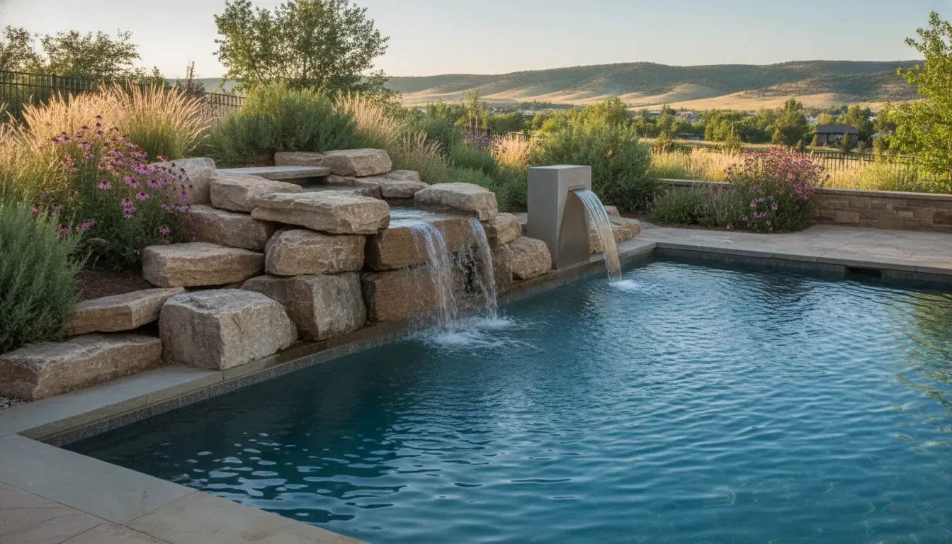 Denver backyard pool with a natural stone waterfall and fountain