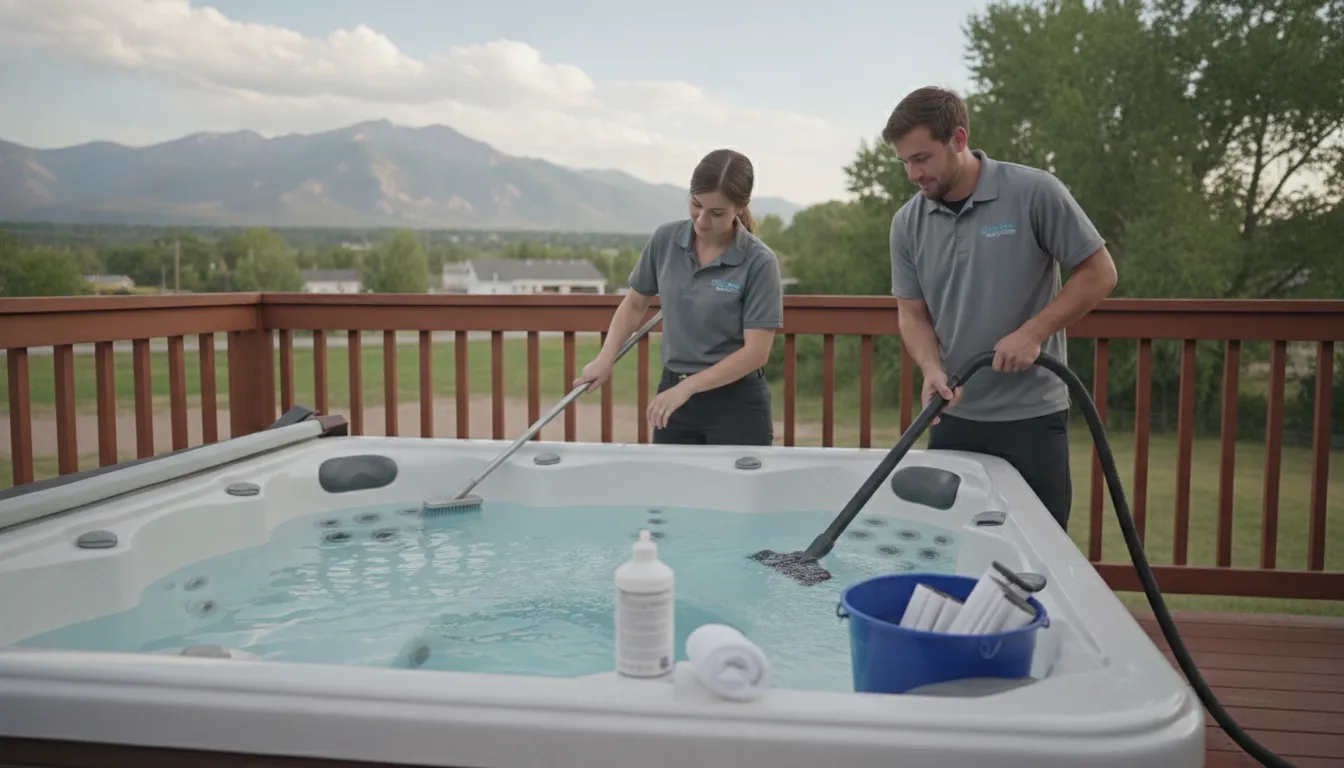 Hot tub cleaning service for Denver rental properties with technicians scrubbing and vacuuming a spa.