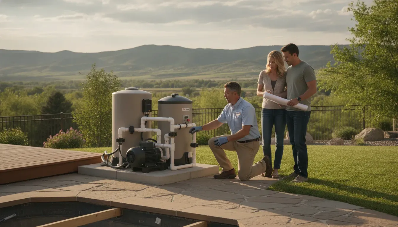 Technician reviewing Denver pool equipment upgrade options with homeowners