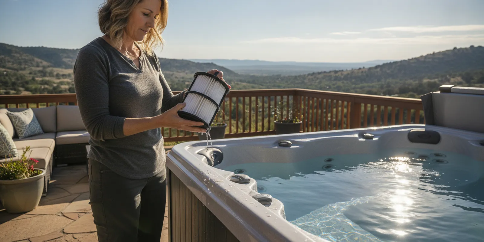 A homeowner checking a cartridge filter beside a clean outdoor hot tub in Denver