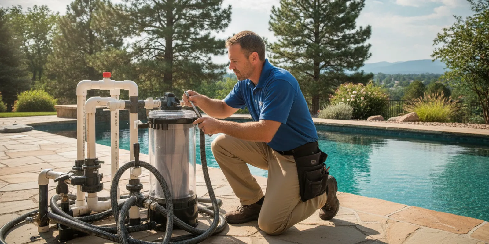 Pool technician inspecting a residential swimming pool filter system in Denver