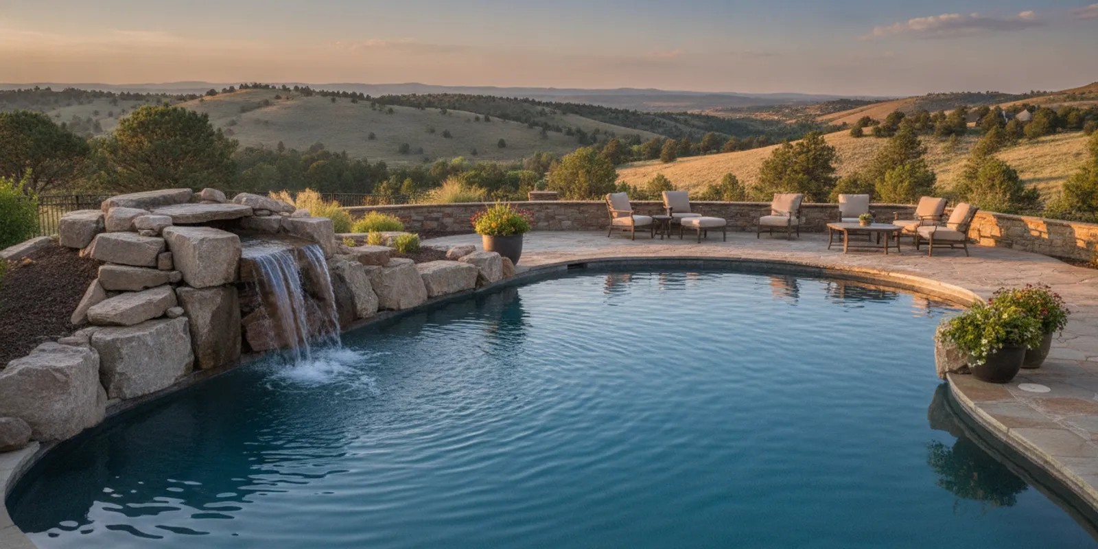 A residential swimming pool waterfall running beside a stone pool deck in Denver