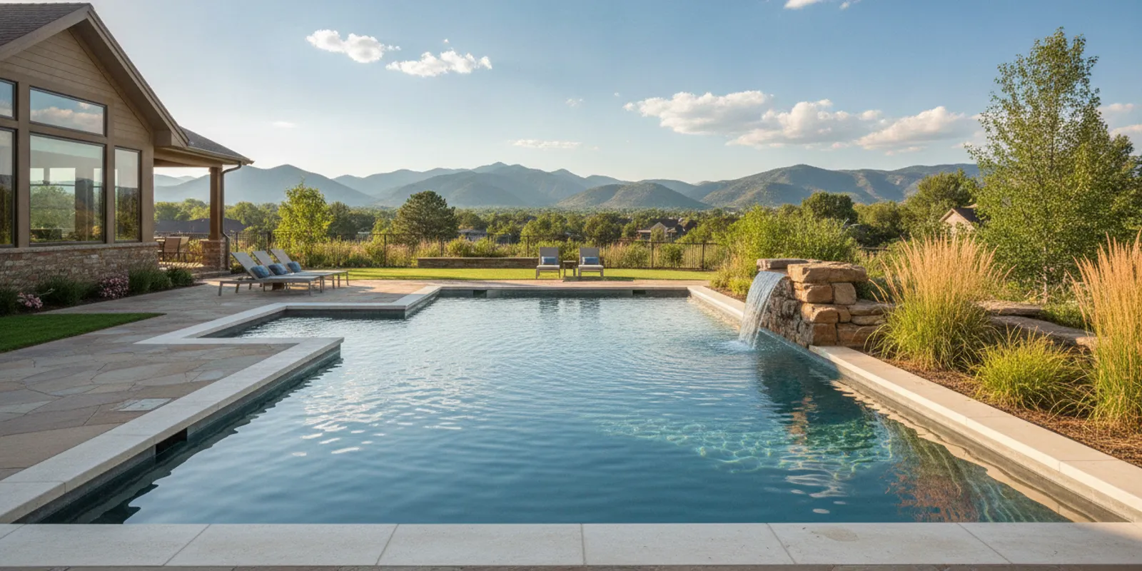 Denver-area backyard pool with an integrated stone waterfall feature