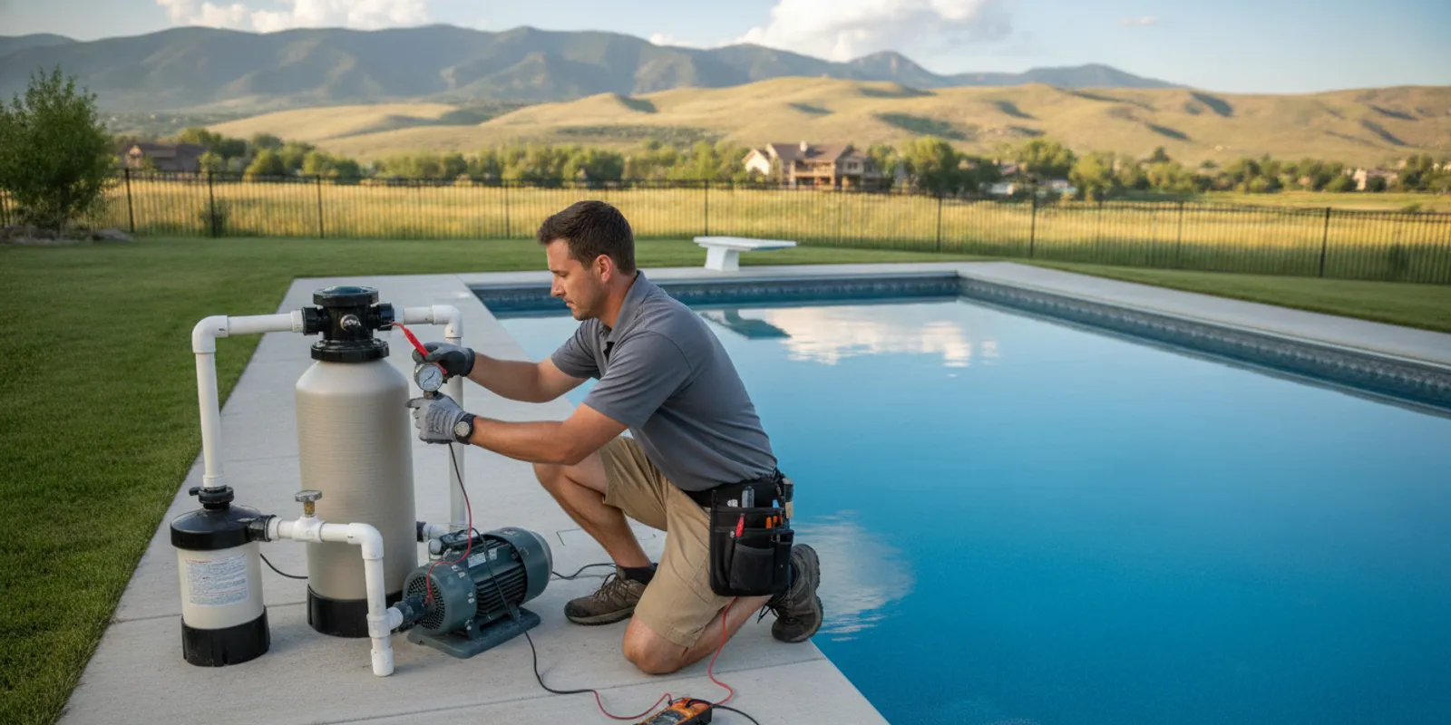Pool technician examining residential pool equipment in Denver