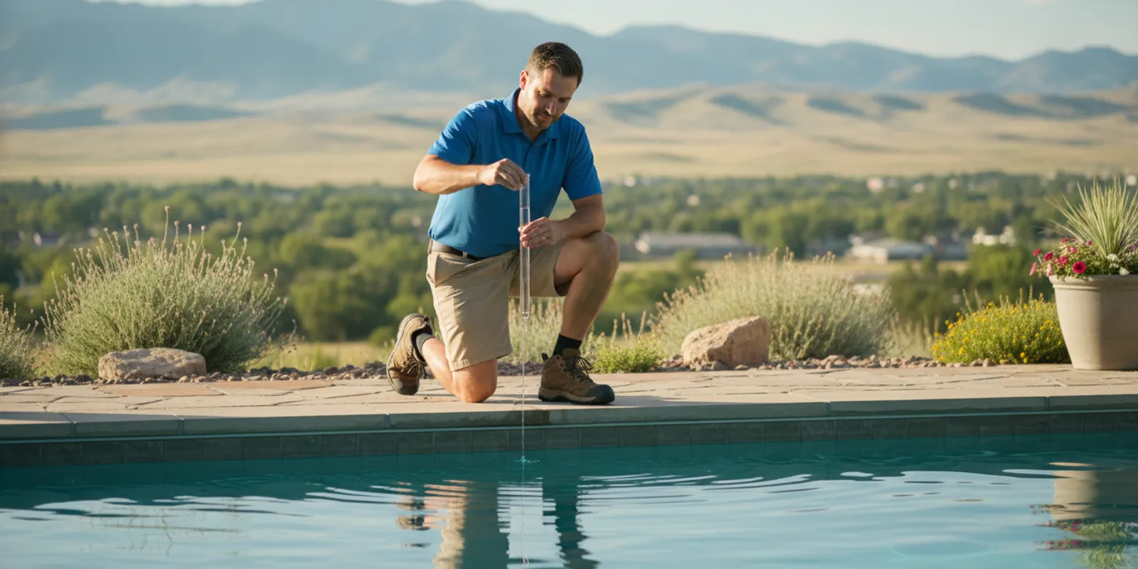 Pool technician collecting a clear water sample beside a residential pool in Denver