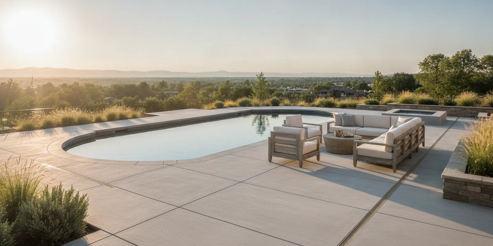 A newly installed pool deck beside a Denver-area backyard pool