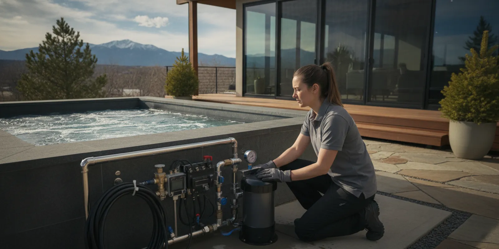 Technician inspecting a hot tub pump and plumbing connections in a clean residential spa equipment area