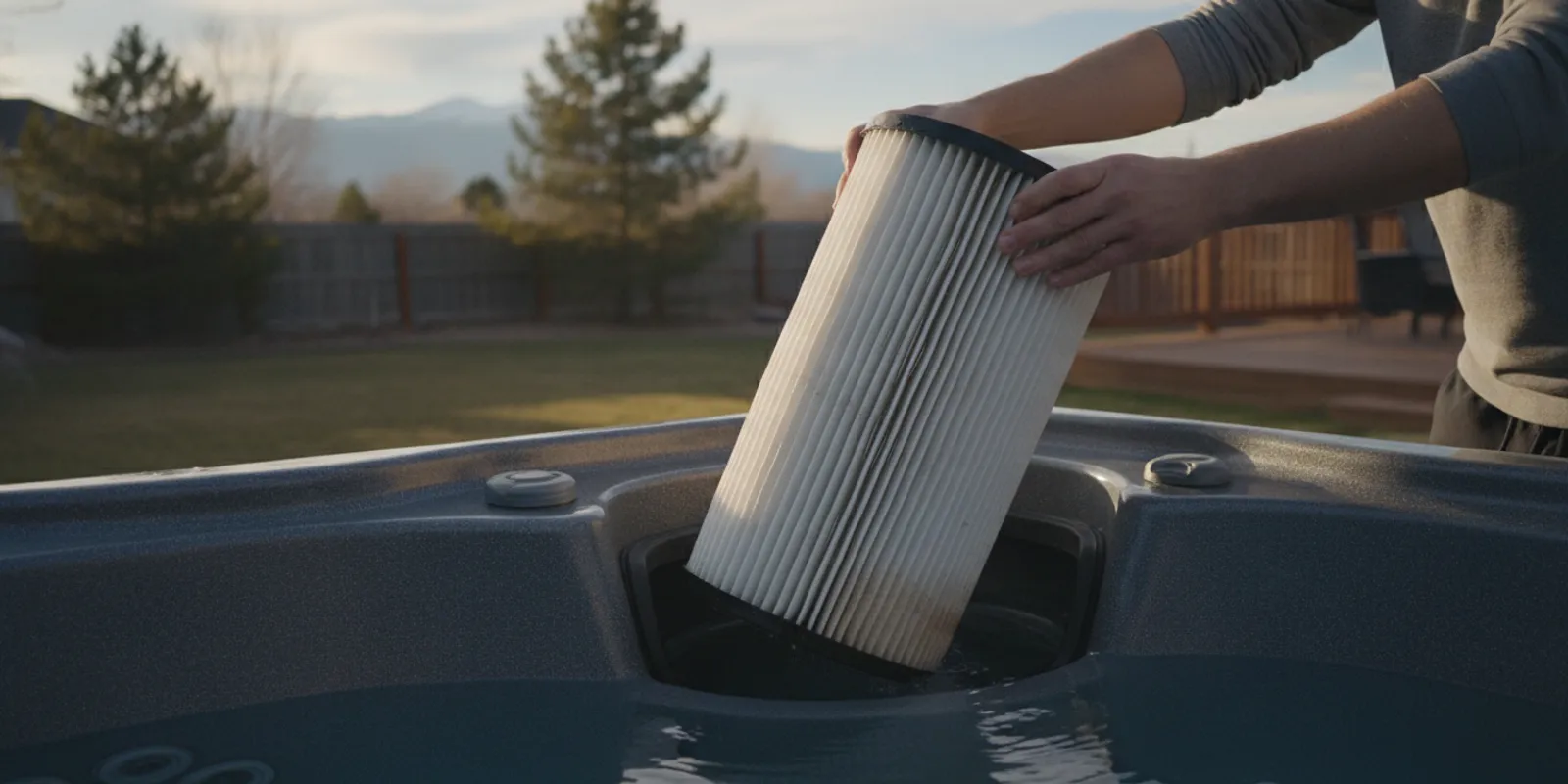 A homeowner lifting a clean cartridge filter from a hot tub filter compartment