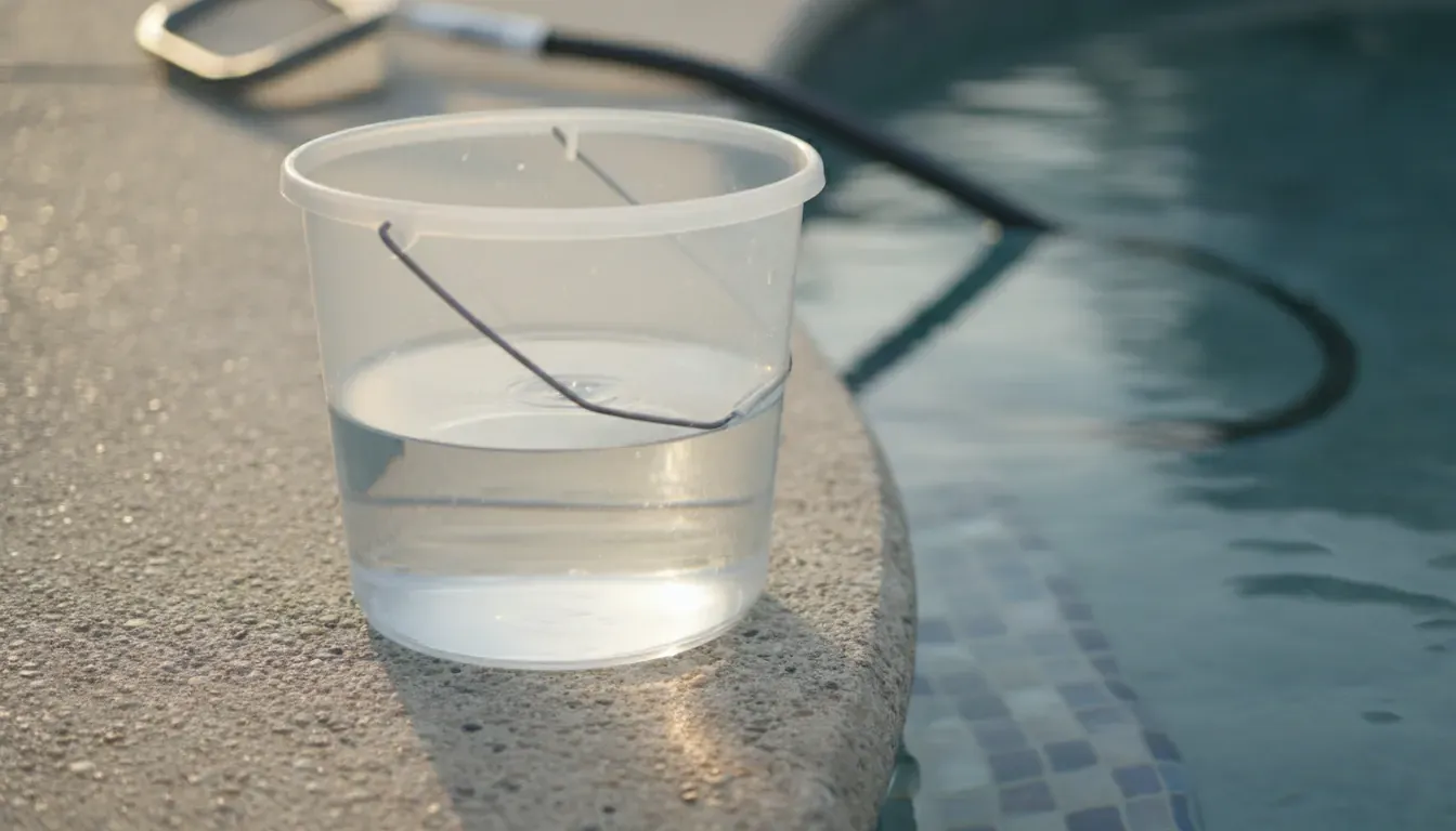 Bucket water-loss test beside a Denver-area pool