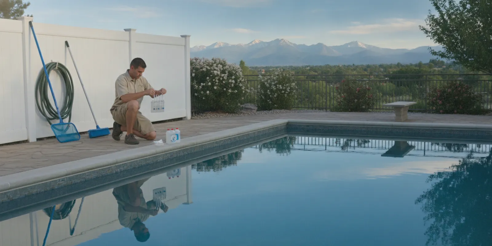 Pool technician checking clear water beside a residential pool in Denver
