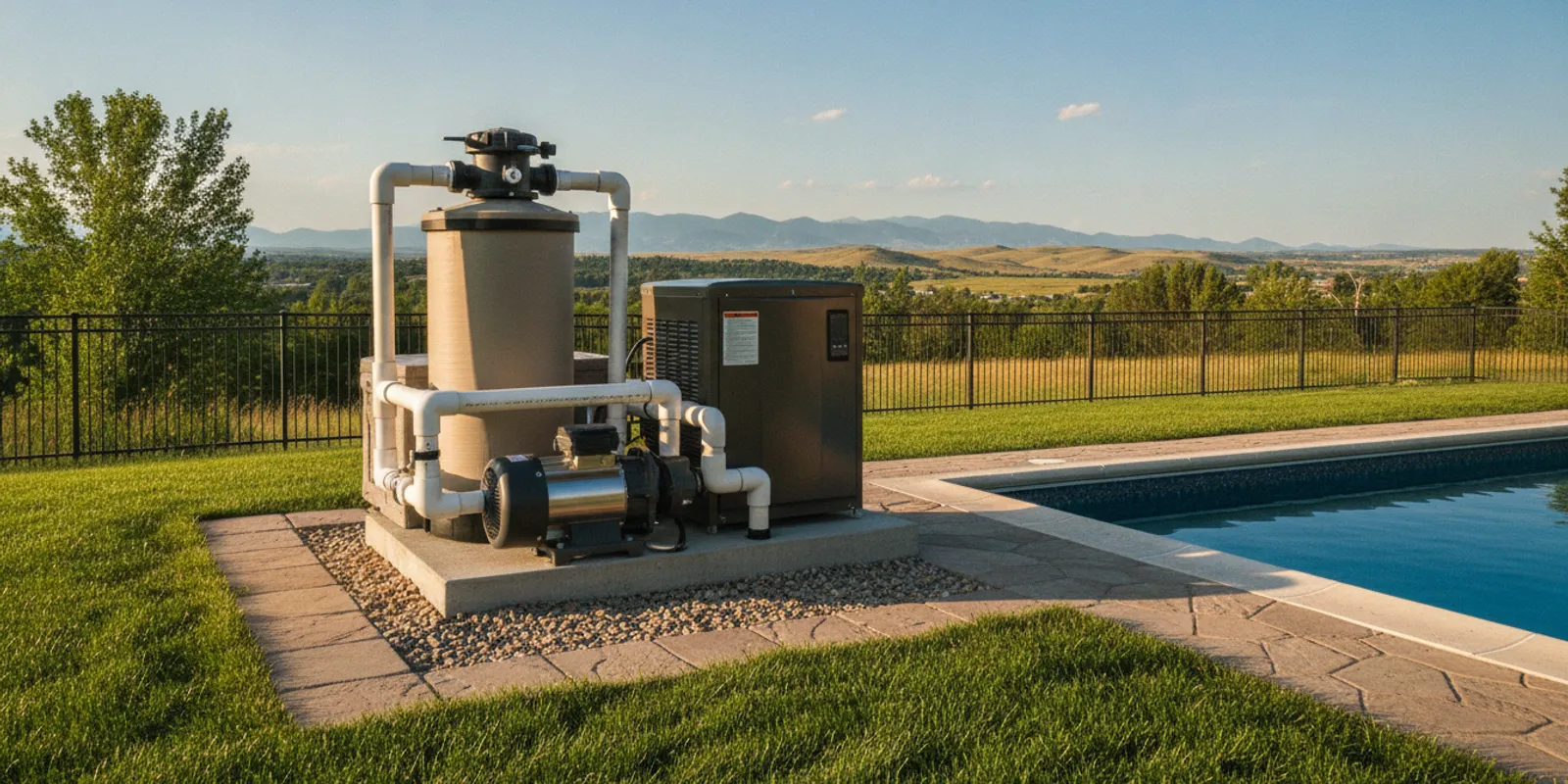 Swimming pool equipment pad with pump, filter, and heater beside a Denver-area backyard pool