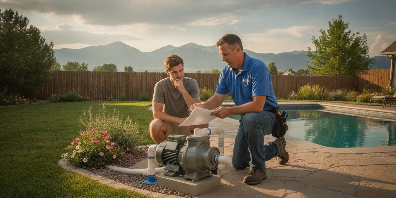 Technician reviewing pool pump installation documents beside equipment in a Denver backyard