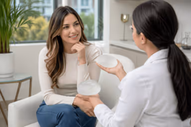Woman reviewing breast augmentation results with surgeon in Denver, Colorado clinic