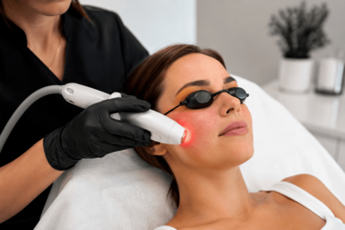  Patient receiving laser treatment for facial redness at a Medspa in Greenwood, Colorado
