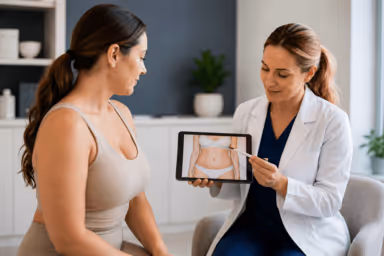 Patient consulting about body contouring options in Greenwood, Colorado clinic