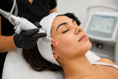  Patient receiving laser resurfacing treatment for acne scars in Greenwood, Colorado clinic
