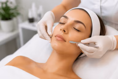 Patient receiving a dermaplaning facial treatment for smoother, brighter skin in a professional clinic setting in Greenwood, Colorado