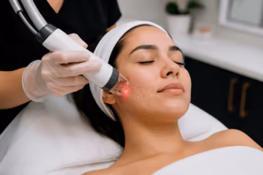 Woman receiving CoolPeel CO2 laser resurfacing treatment for acne scars in Denver clinic