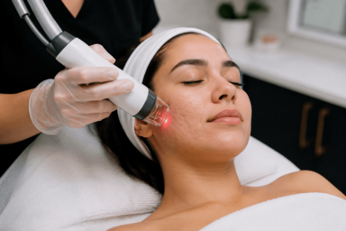 Woman receiving CoolPeel CO2 laser resurfacing treatment for acne scars in Denver clinic