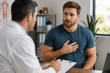 Man consulting with a surgeon about gynecomastia and male breast reduction options in Greenwood, Colorado