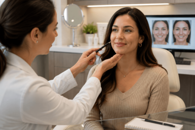 Close up of a smiling woman with natural cheek dimples after dimpleplasty in Greenwood, Colorado
