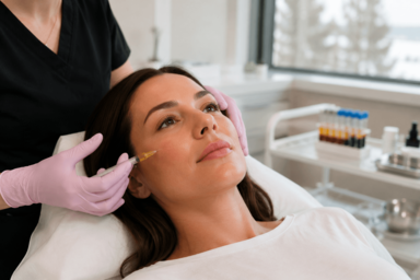 Aesthetician performing a PRF injection treatment on a patient's under eye area in Greenwood, Colorado