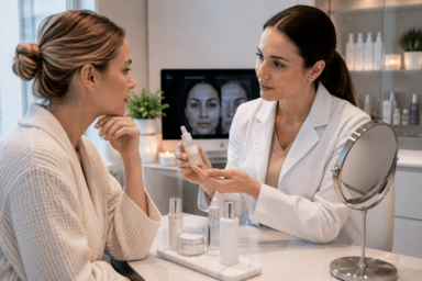 Aesthetician evaluating a patient's skin during a medical skin care consultation in Greenwood, Colorado